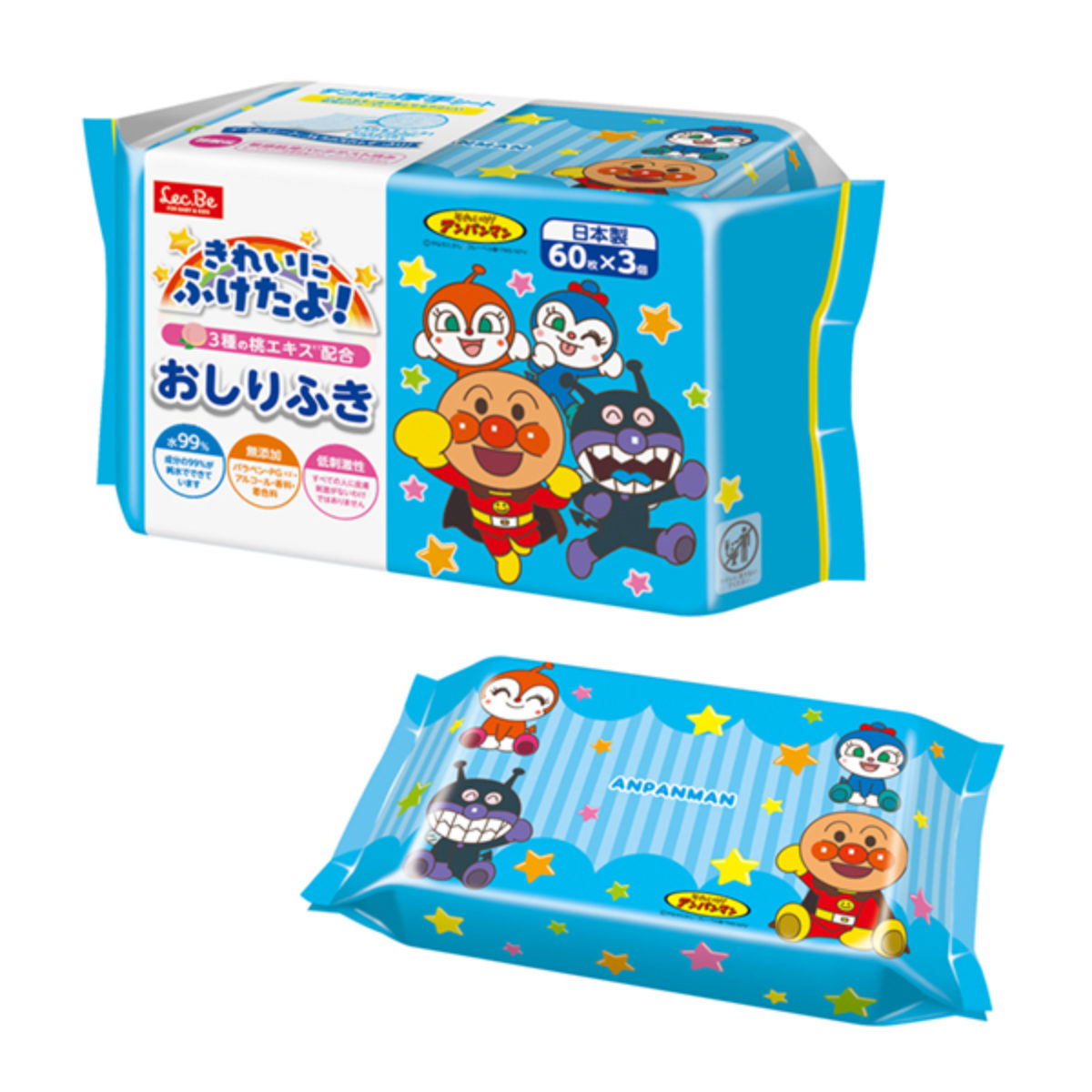 おしりふき 60枚×3個組 アンパンマン ( 純水99% 日本製 おしり拭き ウェットシート ウェットティッシュ 厚手 低刺激 水99 消耗品 3個パック かわいい 赤ちゃん ベビー 無添加 敏感肌 保湿 出産準備 お出かけ )