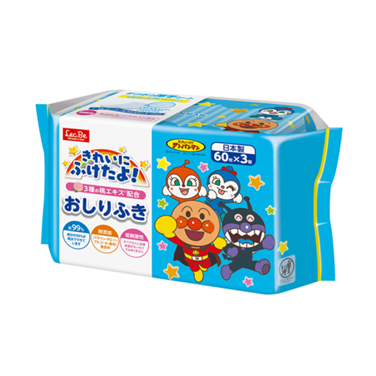 おしりふき 60枚×3個組 アンパンマン ( 純水99% 日本製 おしり拭き ウェットシート ウェットティッシュ 厚手 低刺激 水99 消耗品 3個パック かわいい 赤ちゃん ベビー 無添加 敏感肌 保湿 出産準備 お出かけ )