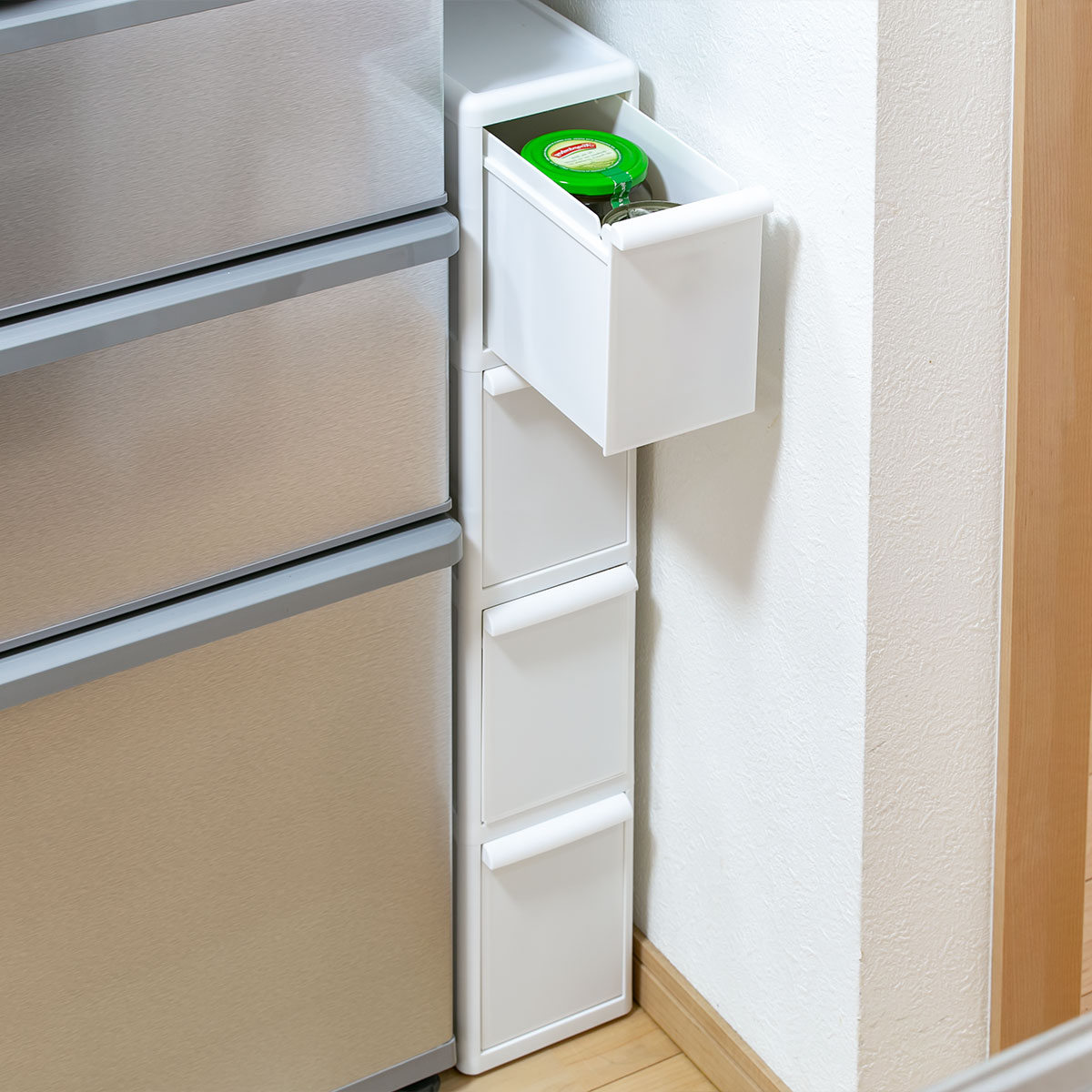 キッチンストッカー スリムストレージ ファイントールストッカー 幅14cm 4段 FTS-4L ( キャスター付き ストッカー スリム 収納ストッカー キッチン収納 隙間収納 14cm 15cm オールホワイト スリムストッカー キッチン 収納 隙間 )