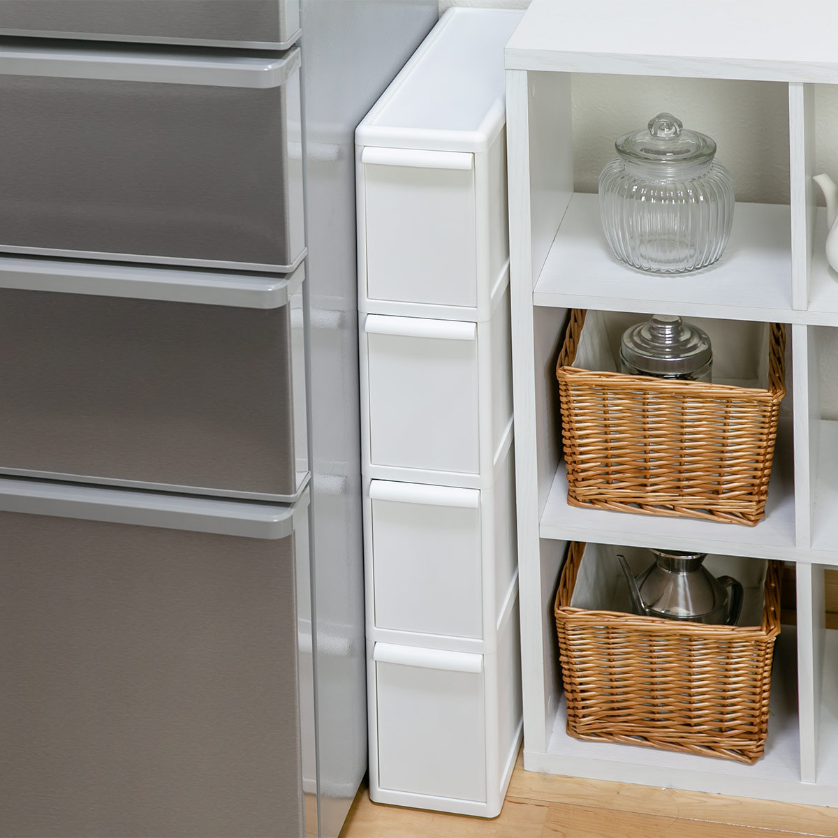 キッチンストッカー スリムストレージ ファイントールストッカー 幅14cm 4段 FTS-4L ( キャスター付き ストッカー スリム 収納ストッカー キッチン収納 隙間収納 14cm 15cm オールホワイト スリムストッカー キッチン 収納 隙間 )