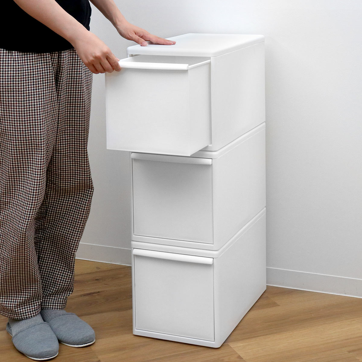 収納ケース 同色3個組 組み合わせて使える収納ケース ミディL ( 収納 プラスチック 引き出し 幅25.5×奥行46.5×高さ28cm 日本製 クローゼット 隙間収納 収納ボックス 脱衣所 押入れキッチン 積み重ね 同色3個セット ) 【オールホワイト】 オールホワイト
