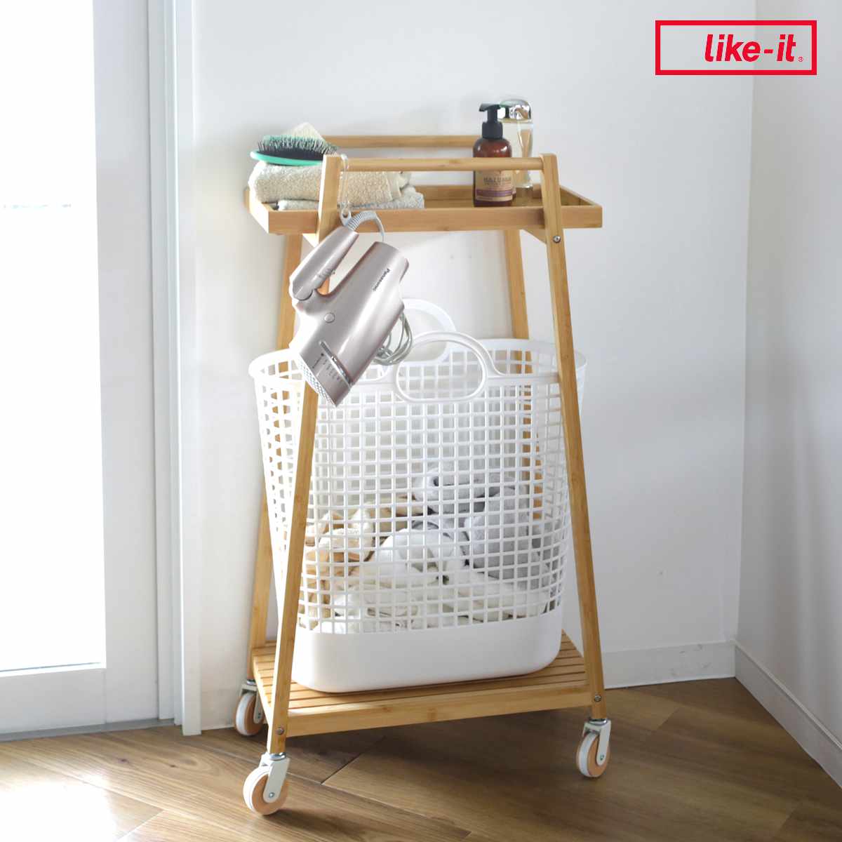 ランドリーワゴン 竹製ランドリーワゴン 2段 バスケット1個セット ( ランドリー ワゴン バスケット付き ライクイット キャスター付き 竹製 ランドリー収納 洗濯かご ハンドル タオル掛け 小物収納 like-it )