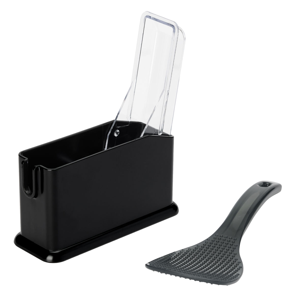 しゃもじケース しゃもじホルダー ごはんがつきにくい 快適しゃもじ ( しゃもじ入れ シャモジ 杓文字 セット 黒 くっつきにくい つかない 凹凸 加工 持ち手 カーブ しゃもじ立て ご飯 米 ブラック クリア キッチンツール )