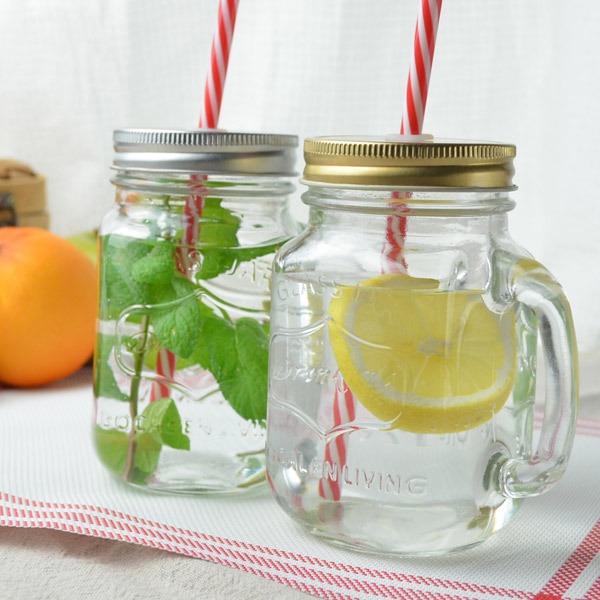 ドリンクジャー ガラスジャー 380ml ストロー付き 取っ手付き ガラス製 同色6個セット ( グラス コップ ガラス食器 キッチン雑貨 タンブラー フタ付き マグカップ キッチン用品 ) 【ゴールド】 ゴールド