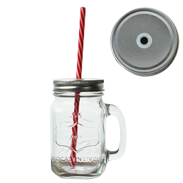 ドリンクジャー ガラスジャー 380ml ストロー付き 取っ手付き ガラス製 同色6個セット ( グラス コップ ガラス食器 キッチン雑貨 タンブラー フタ付き マグカップ キッチン用品 ) 【ゴールド】 ゴールド