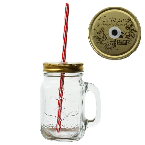 ドリンクジャー ガラスジャー 380ml ストロー付き 取っ手付き ガラス製 同色6個セット ( グラス コップ ガラス食器 キッチン雑貨 タンブラー フタ付き マグカップ キッチン用品 ) 【ゴールド】 ゴールド