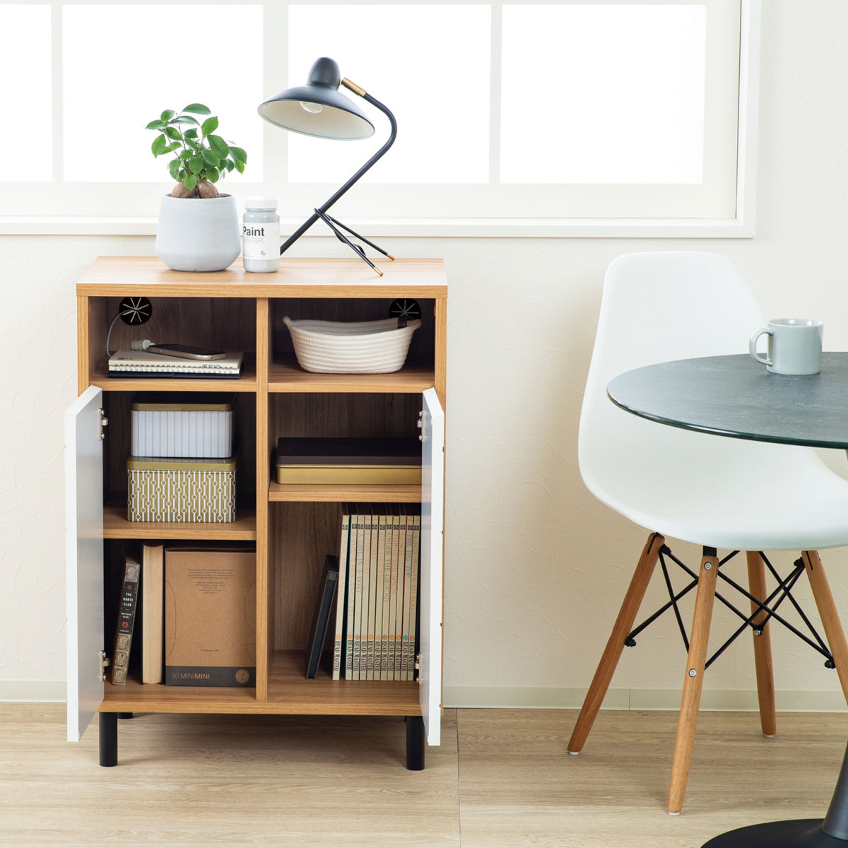 キャビネット 幅59cm 幾何学模様 ( カトレア 棚 ラック リビング収納 可動棚 お掃除ロボット対応 飾り棚 家具 幾何学柄 モノトーン ナチュラル ホワイト 配線穴 ) 【ナチュラル】 ナチュラル