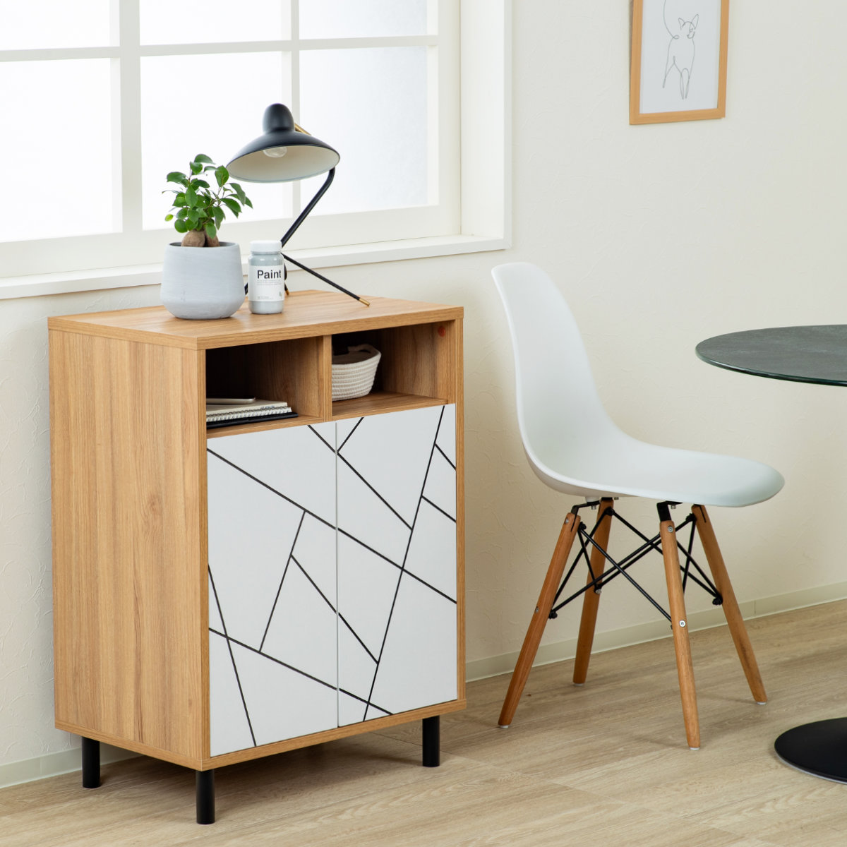 キャビネット 幅59cm 幾何学模様 ( カトレア 棚 ラック リビング収納 可動棚 お掃除ロボット対応 飾り棚 家具 幾何学柄 モノトーン ナチュラル ホワイト 配線穴 ) 【ナチュラル】 ナチュラル