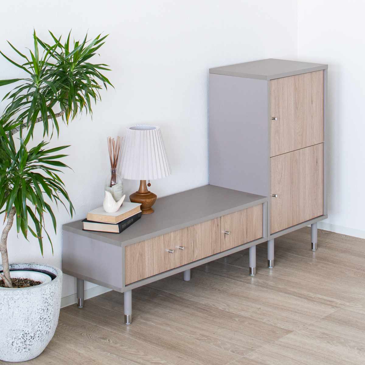 テレビ台 幅91cm 32インチ対応 ツートンカラー シルバー脚 ( 32型対応 TV台 テレビボード AVラック 収納 リビング収納 ラック 棚 飾り棚 家具 グレージュ ナチュラル ツートン 配線穴 )