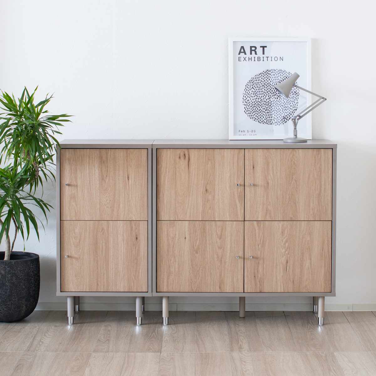 キャビネット 幅90cm ツートンカラー シルバー脚 ( 棚 ラック 扉 リビング収納 可動棚 飾り棚 家具 グレージュ ナチュラル ツートン 配線穴 )