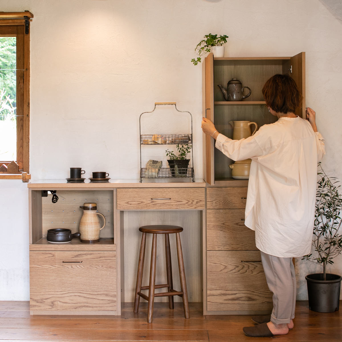 スライド棚深引出し 本体 組合せキッチン収納 幅60cm ワイズシリーズ 日本製 ( wise スライド棚 組み合わせ キッチン収納 完成品 オーク前板 引き出し 収納 棚 家電収納 作業台 家具 コンセント付 モイス付 )