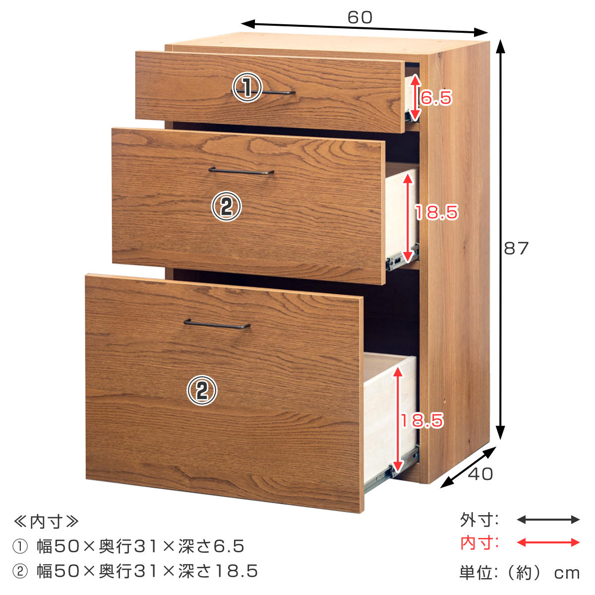 3段チェスト 本体 組合せキッチン収納 幅60cm ワイズシリーズ 日本製 ( wise 3段 チェスト 組み合わせ キッチン収納 完成品 オーク前板 引き出し 収納 棚 作業台 家具 3杯 スライドレール )