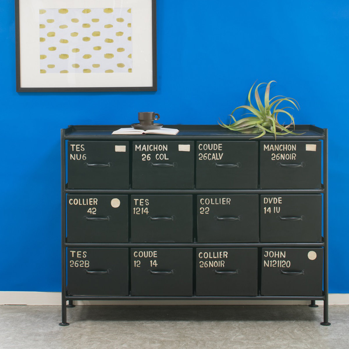 スチールチェスト 横型 幅111cm 引出し12杯 インダストリアル 完成品 ( チェスト スチール 引き出し 12杯 横 棚 ラック 飾り棚 ブラック グレー ベージュ ) 【ベージュ】 ベージュ