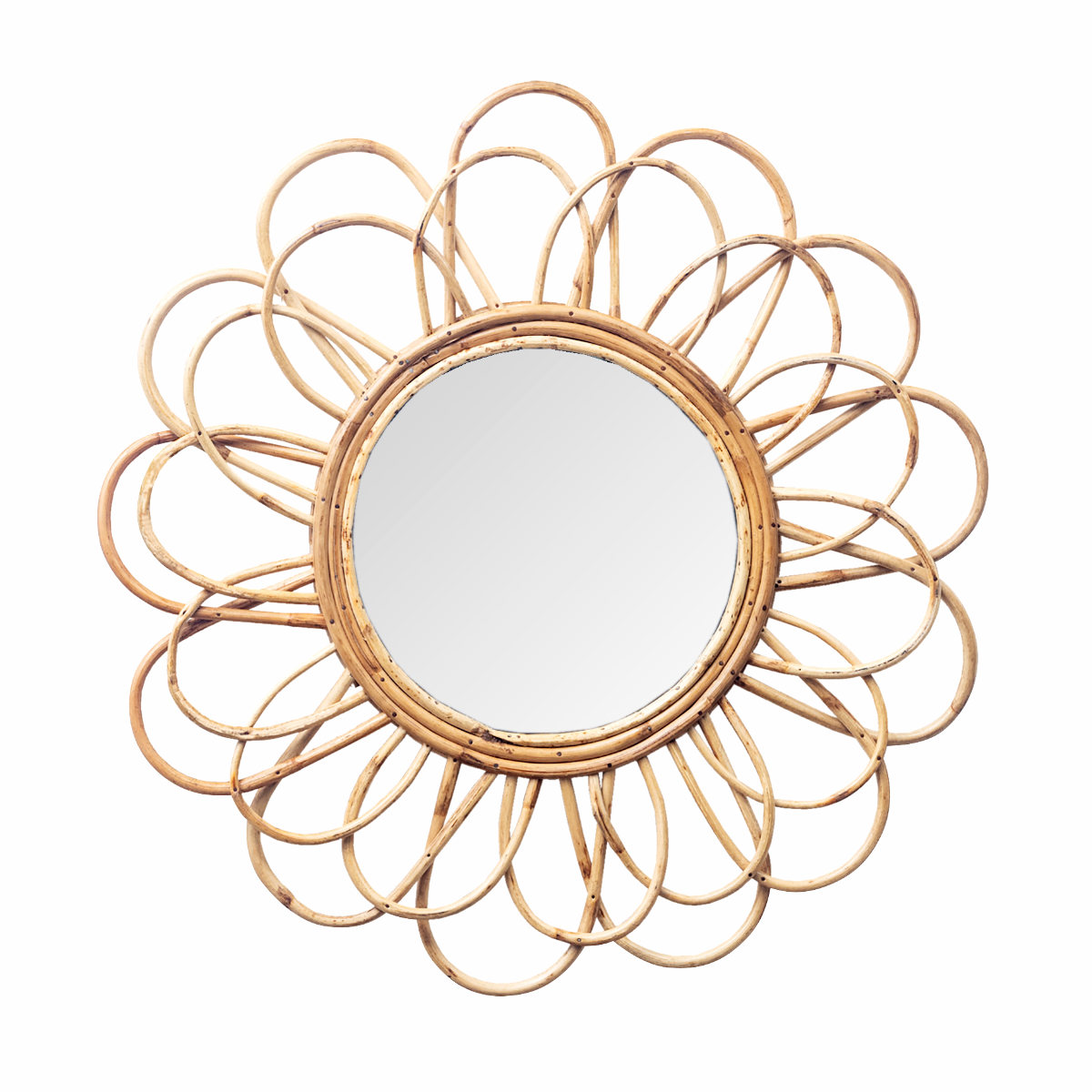 ウォールミラー ラタン 57cm ペタル ( ミラー 壁掛け 鏡 円形 花 インテリアミラー 籐 かがみ フック付 天然素材 韓国風 完成品 )