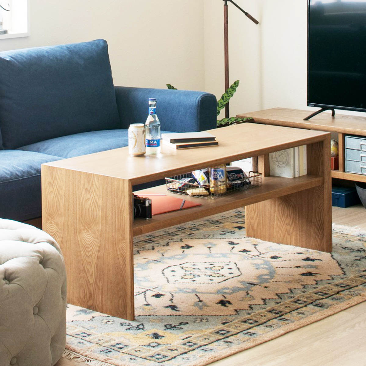 リビングテーブル 幅100cm シンプル 収納棚付 センターテーブル ティラ ( テーブル ローテーブル リビング 木製テーブル 棚付き 収納 長方形 完成品 おしゃれ 木製 天然木 奥行45cm 高さ50cm )