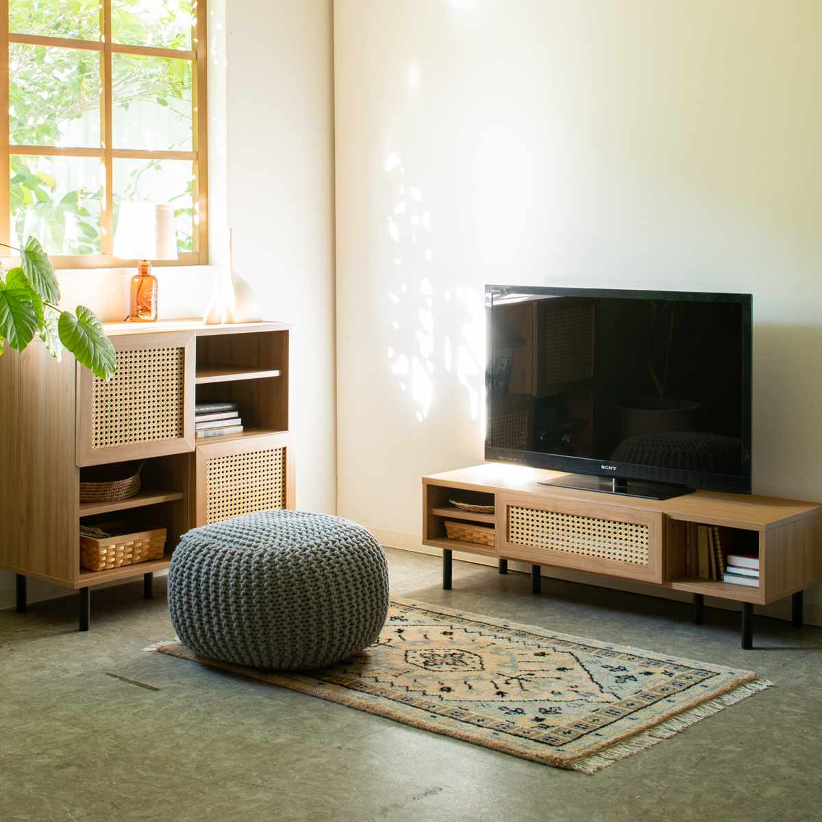 キャビネット 幅90cm ラタン調 マルシェシリーズ ( 棚 ラック 扉 リビング収納 可動棚 飾り棚 家具 かごめ編 ナチュラル 配線穴 )