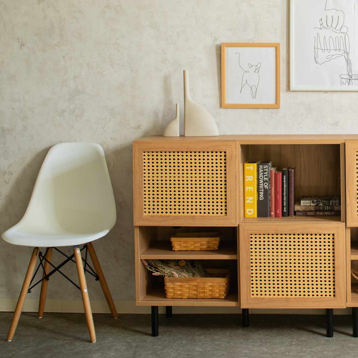 キャビネット 幅90cm ラタン調 マルシェシリーズ ( 棚 ラック 扉 リビング収納 可動棚 飾り棚 家具 かごめ編 ナチュラル 配線穴 )