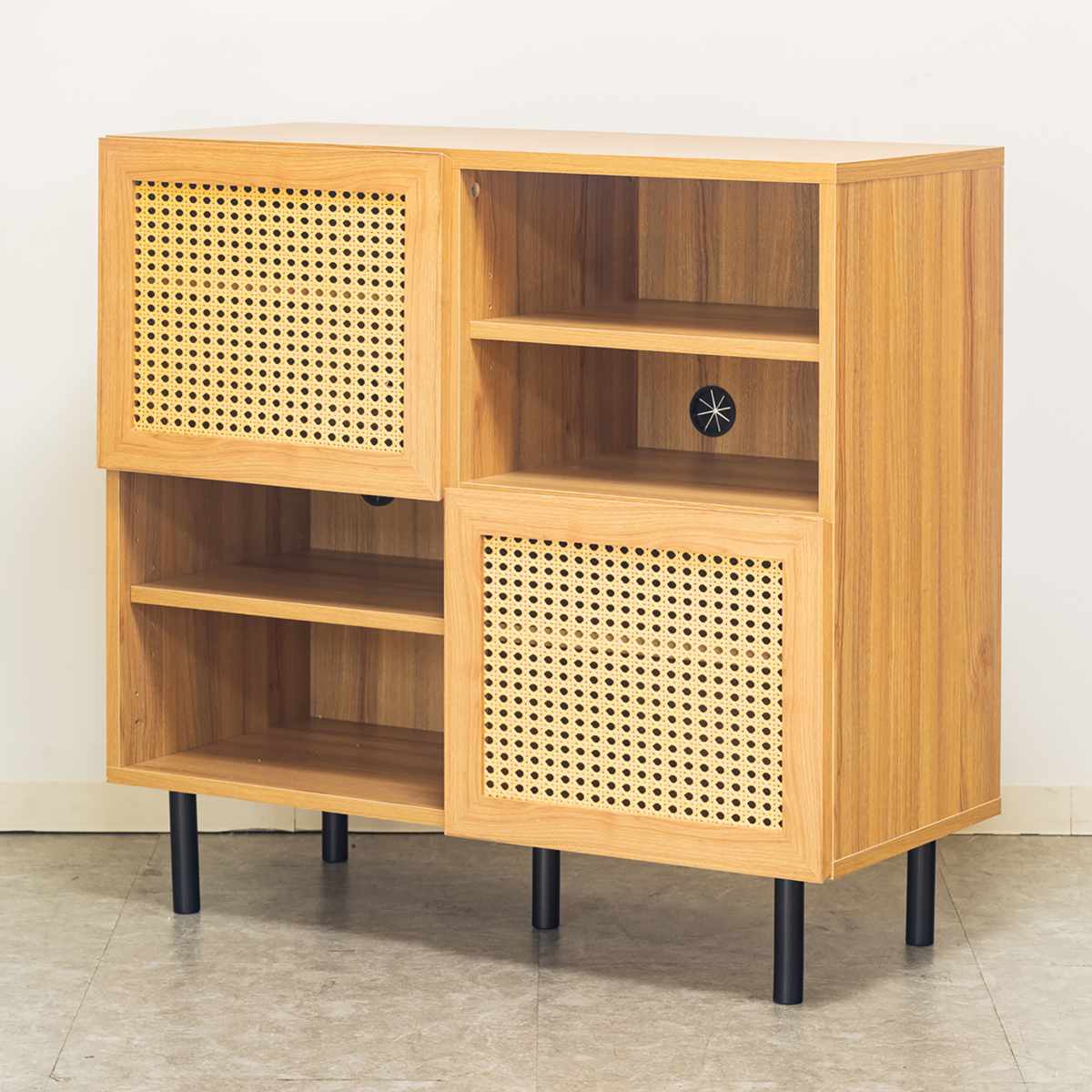 キャビネット 幅90cm ラタン調 マルシェシリーズ ( 棚 ラック 扉 リビング収納 可動棚 飾り棚 家具 かごめ編 ナチュラル 配線穴 )