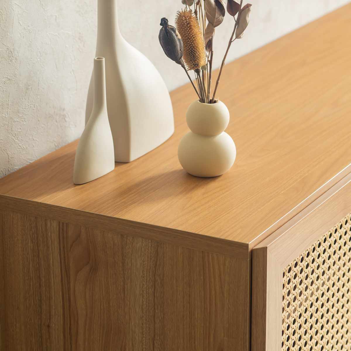 キャビネット 幅90cm ラタン調 マルシェシリーズ ( 棚 ラック 扉 リビング収納 可動棚 飾り棚 家具 かごめ編 ナチュラル 配線穴 )