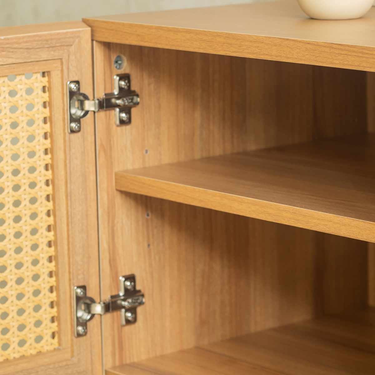 キャビネット 幅90cm ラタン調 マルシェシリーズ ( 棚 ラック 扉 リビング収納 可動棚 飾り棚 家具 かごめ編 ナチュラル 配線穴 )