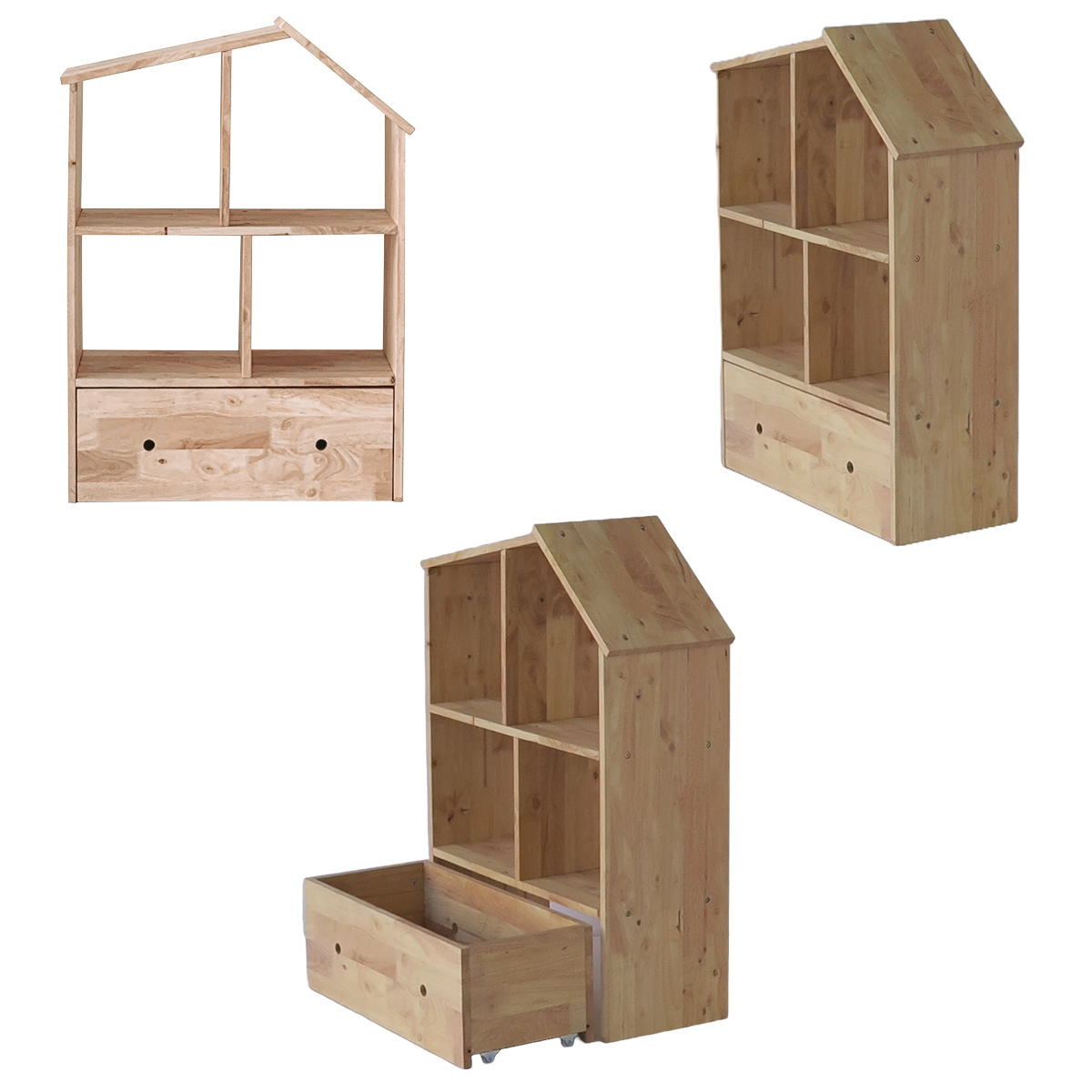 ハウスシェルフ 幅73.6cm 引出し付き ラバーウッド 無垢材 ( シェルフ ラック ハウス型 天然木 NATURAL SIGNATURE 木製 シンプル 飾り棚 棚 おもちゃ収納 コンパクト キッズ 収納 引き出し )