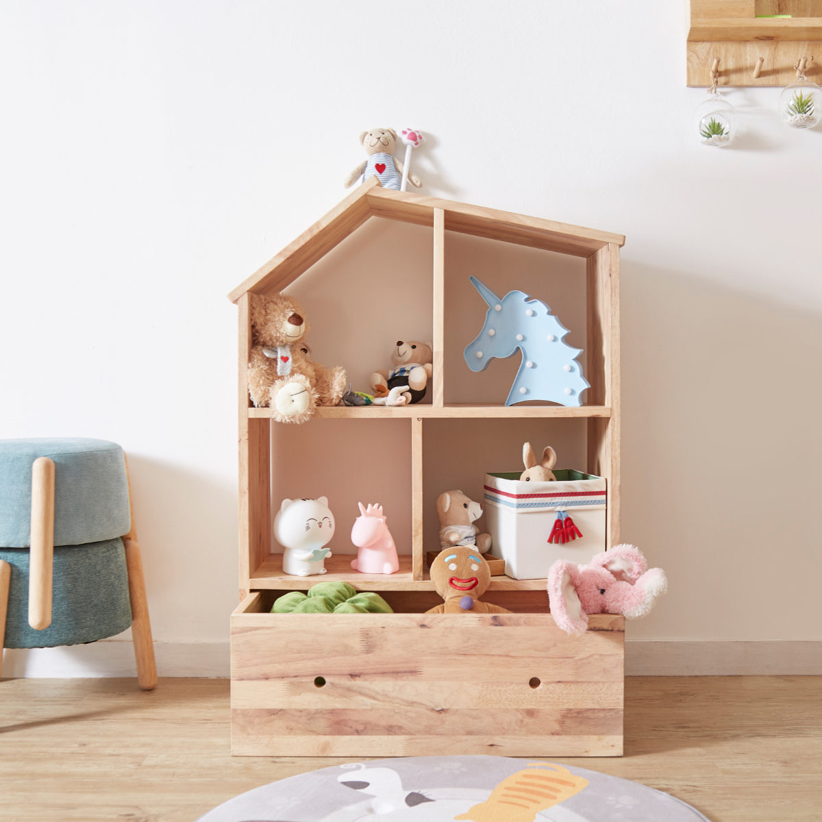 ハウスシェルフ 幅73.6cm 引出し付き ラバーウッド 無垢材 ( シェルフ ラック ハウス型 天然木 NATURAL SIGNATURE 木製 シンプル 飾り棚 棚 おもちゃ収納 コンパクト キッズ 収納 引き出し )