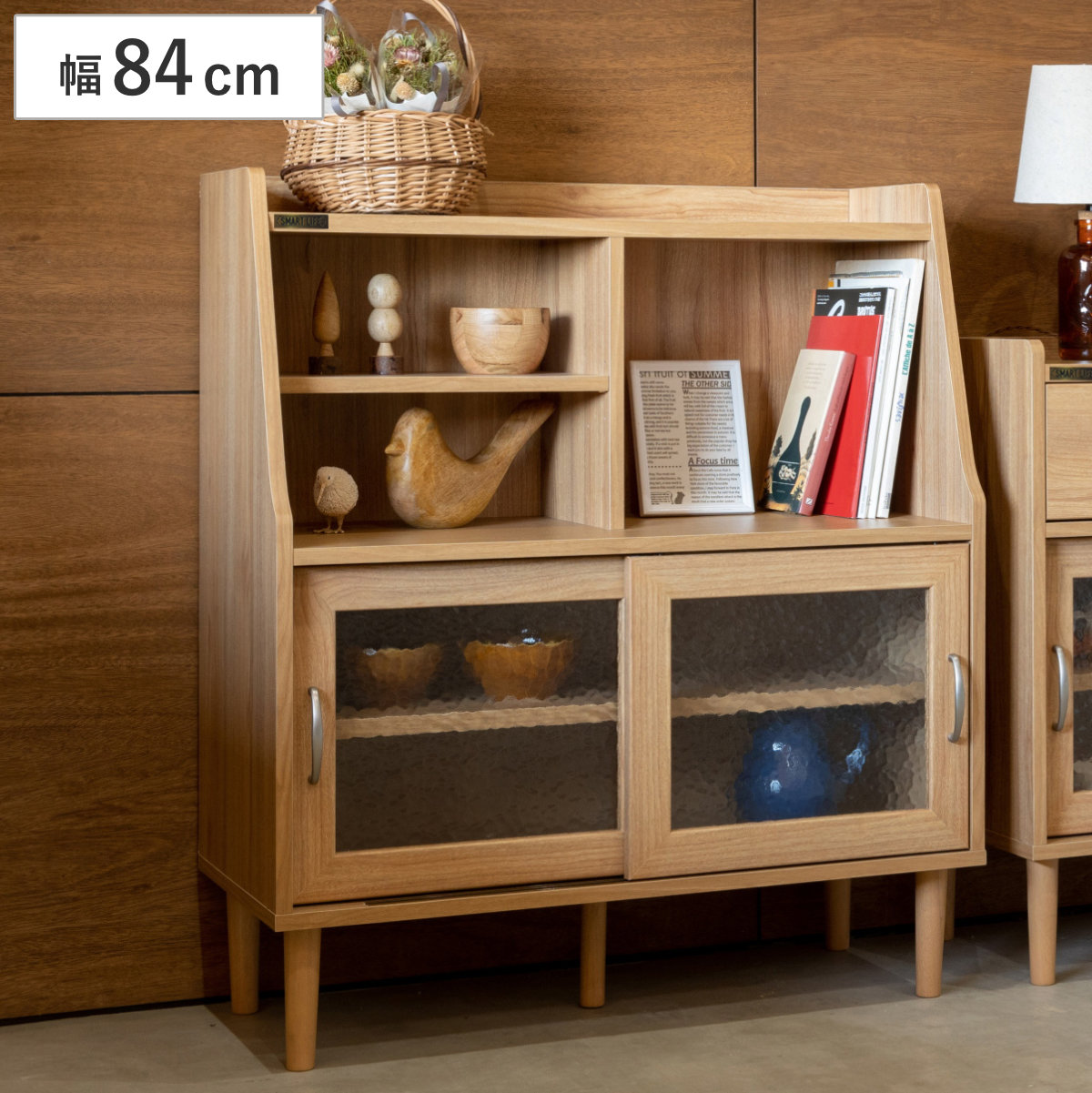 ミニシェルフ 幅84cm すりガラス扉 ( ジェロディ joredy ラック 棚 シェルフ 飾り棚 可動棚 お掃除ロボット対応 モザイクガラス レトロ 家具 コンパクト )