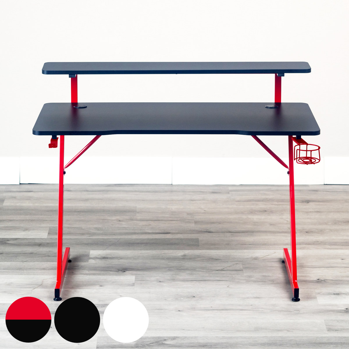 ゲーミングデスク 幅120cm フェレス （ デスク 机 パソコンデスク PCデスク ゲーム モニターラック 棚付き 学習机 勉強机 作業机 オフィスデスク ヘッドホンフック ドリンクホルダー ディスプレイ ラック 配線穴 ） 【ブラック】