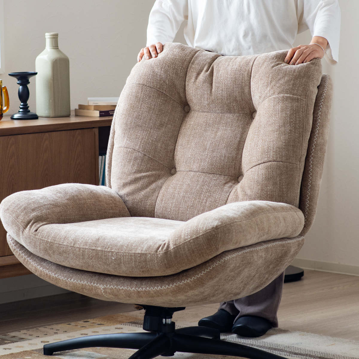 リビングチェア 座面高46cm オットマン付 シャルレ ( パーソナルチェア チェア 1人掛け 椅子 ロッキング機能 アームレス オットマン ハイバック 回転 リラックス チェアー イス いす 足置き リビング ファブリック 座面 広い ) 【ベージュ】 ベージュ