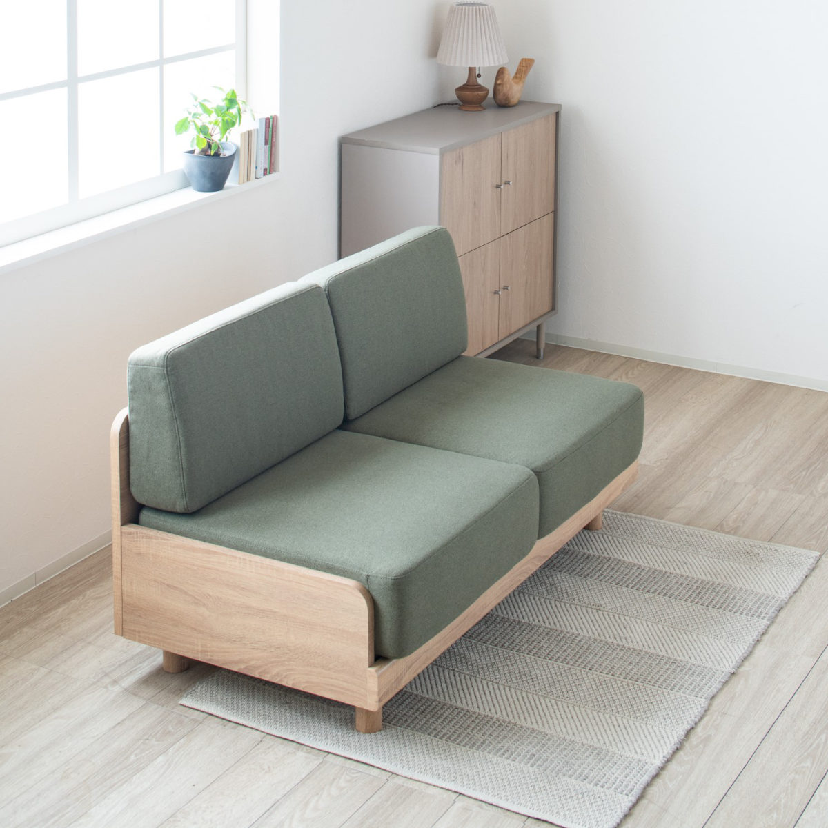 ソファ 2人掛け 幅140cm ピオ ( ソファー コンパクト リビングソファ 二人用 ローソファ フロアソファ アームレス 北欧風 座面 広め ファブリック 通気性 スノコ 省スペース おしゃれ ) 【カーキ】 カーキ