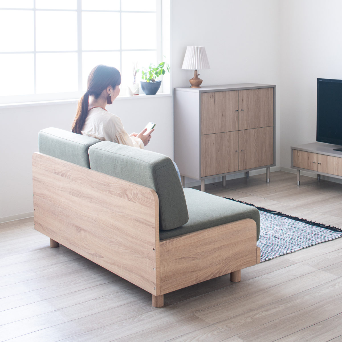 ソファ 2人掛け 幅140cm ピオ ( ソファー コンパクト リビングソファ 二人用 ローソファ フロアソファ アームレス 北欧風 座面 広め ファブリック 通気性 スノコ 省スペース おしゃれ ) 【カーキ】 カーキ