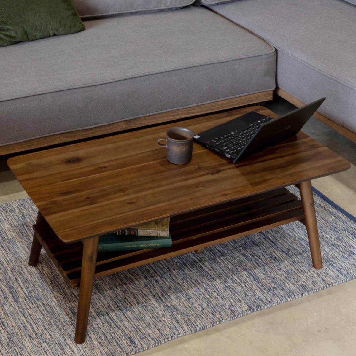 リビングテーブル 幅90cm 長方形 折りたたみ 収納棚付 コティ2 ( テーブル 机 リビング ローテーブル センターテーブル 木製 天然木 収納 棚板 折り畳み 完成品 コーヒーテーブル おしゃれ 木製テーブル 省スペース )