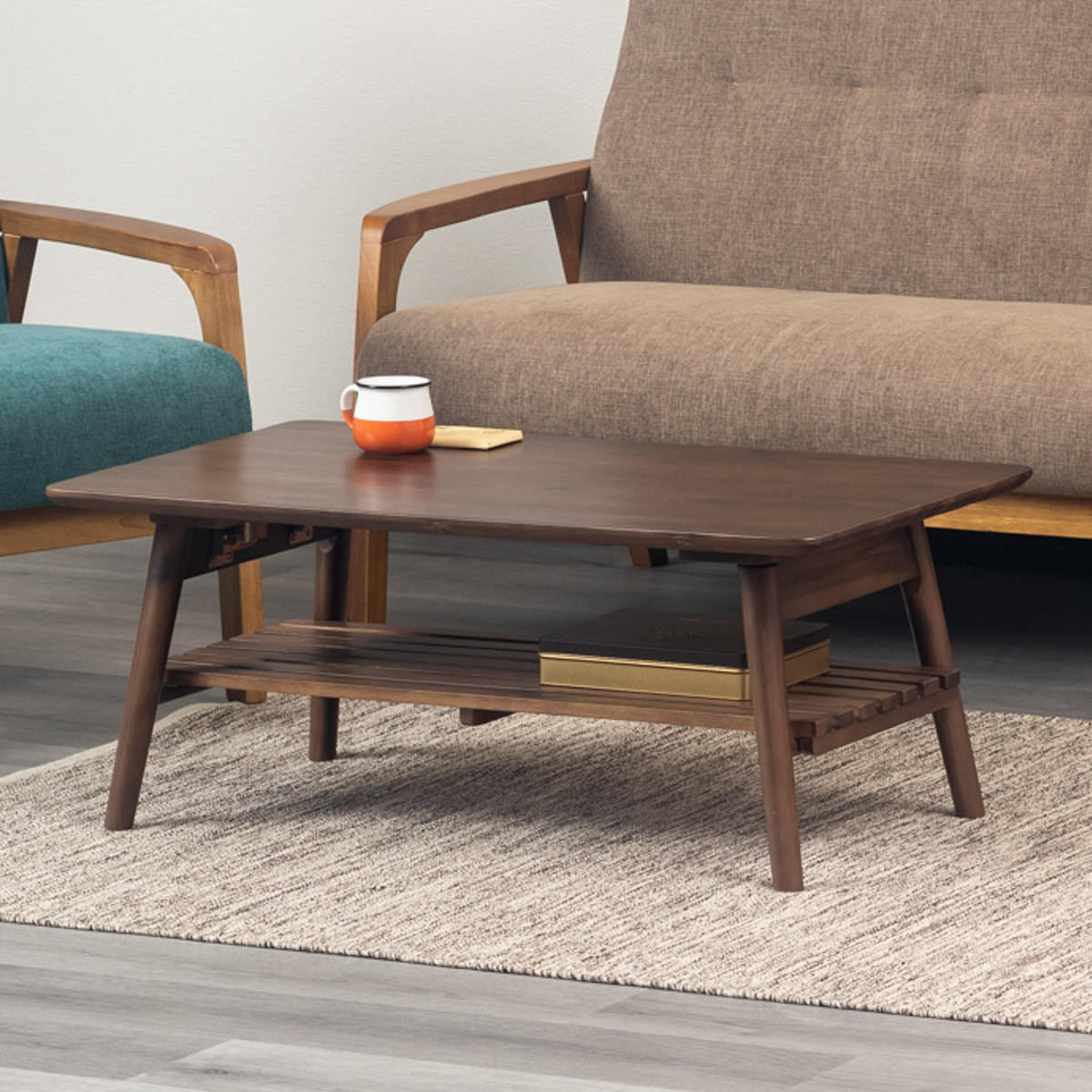 リビングテーブル 幅90cm 長方形 折りたたみ 収納棚付 コティ2 ( テーブル 机 リビング ローテーブル センターテーブル 木製 天然木 収納 棚板 折り畳み 完成品 コーヒーテーブル おしゃれ 木製テーブル 省スペース )