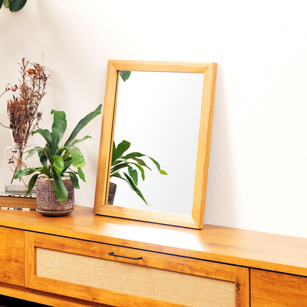 立てかけミラー 50×60cm フレア （ ミラー 鏡 ウォールミラー 立て掛け 天然木 木製フレーム 置き型 かがみ 玄関 四角 オーク無垢材 ナチュラル ）