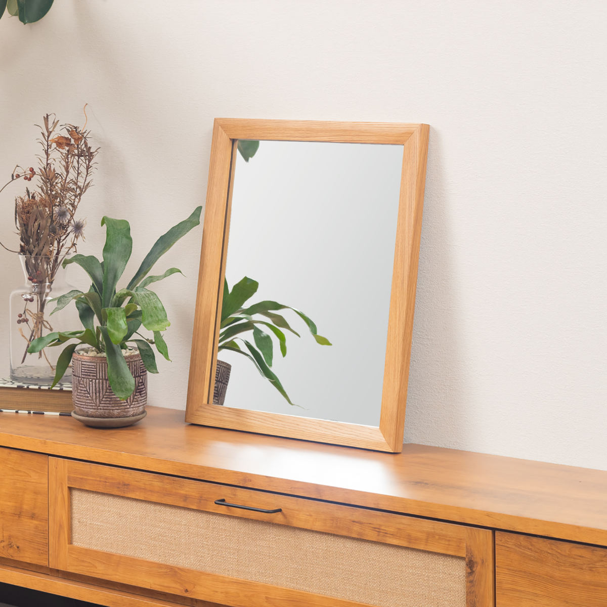立てかけミラー 50×60cm フレア ( ミラー 鏡 ウォールミラー 立て掛け 天然木 木製フレーム 置き型 かがみ 玄関 四角 オーク無垢材 ナチュラル )