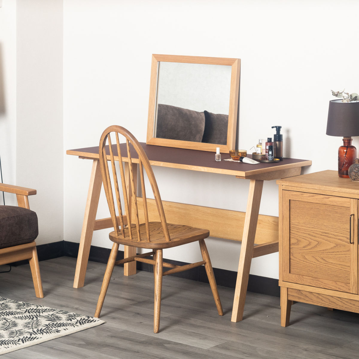 立てかけミラー 50×60cm フレア ( ミラー 鏡 ウォールミラー 立て掛け 天然木 木製フレーム 置き型 かがみ 玄関 四角 オーク無垢材 ナチュラル )