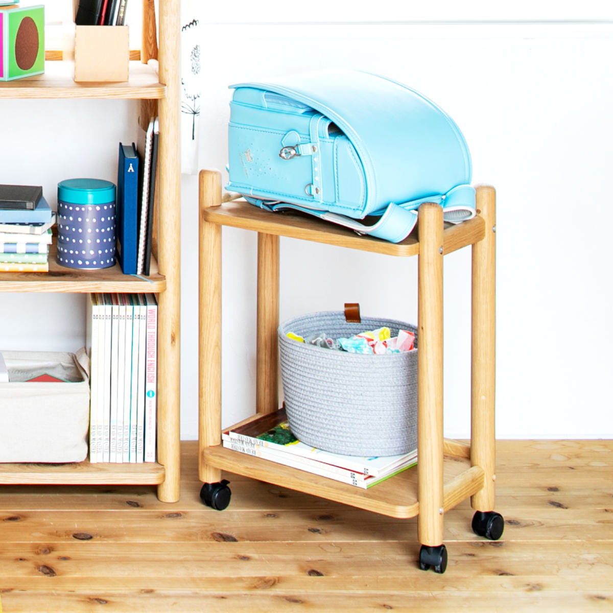 デスクワゴン キャスター付 幅45cm シェルフワゴン パルレ ( サイドワゴン デスク横 ランドセルラック ランドセル置き 木製ワゴン 棚 収納 学習教材 整理 整頓 ウッドワゴン オープンラック )