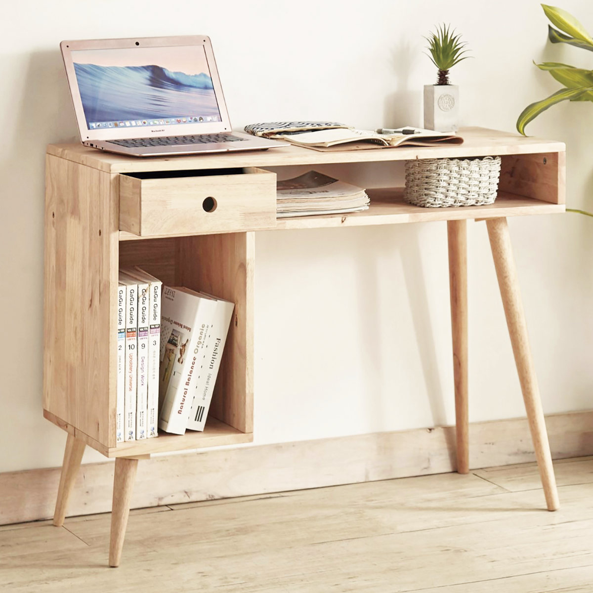 木製　デスク　ドレッサー　パソコンデスク　天然木　引き出し　ナチュラルウッド ワークデスク 幅100cm 収納棚付 片袖デスク NATURAL SIGNATURE