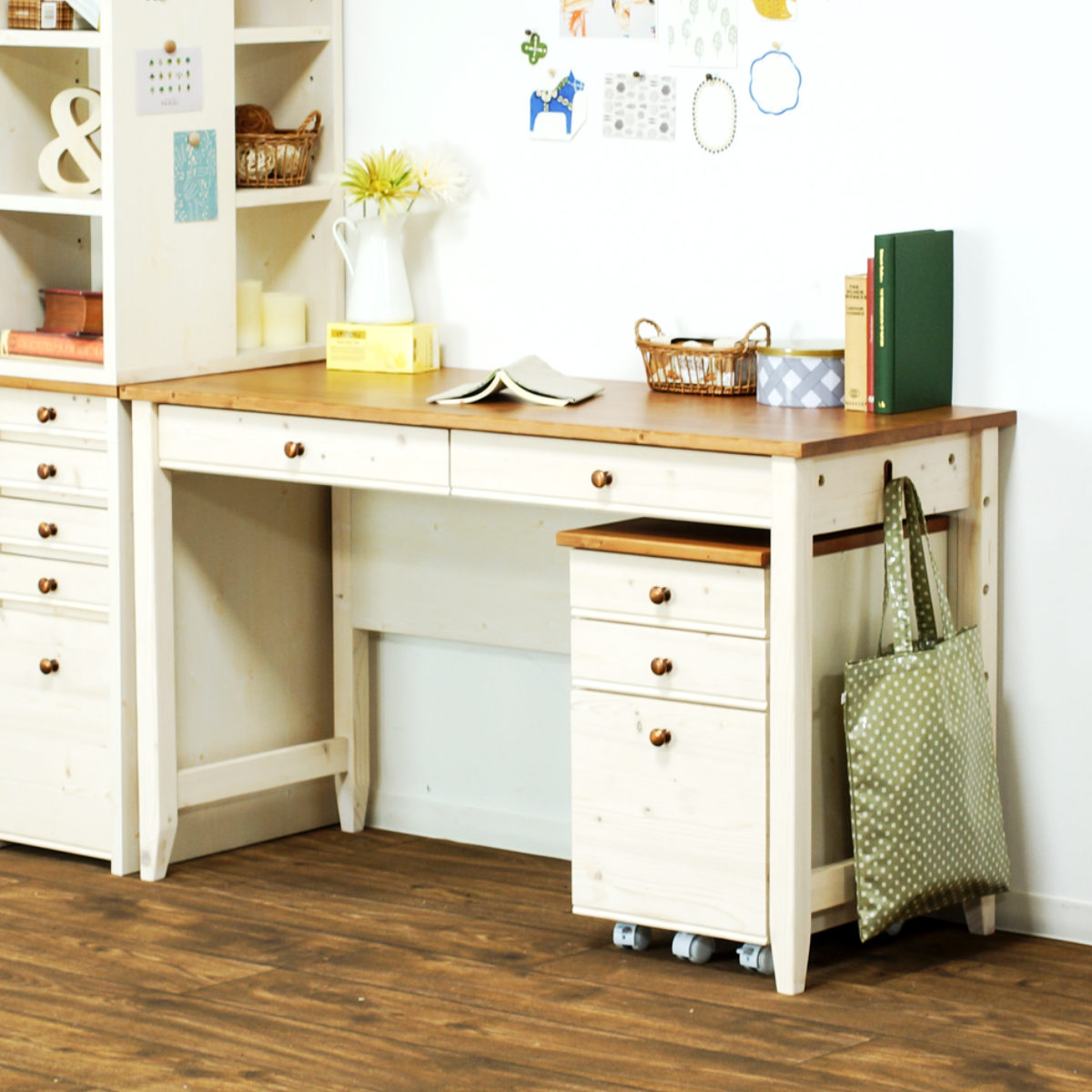 学習机 幅120cm 引出し付 トライP ( デスク 学習デスク 机 勉強机 木製 天然木 引き出し A3 リビング学習 パソコンデスク ワークデスク リビングデスク 書斎 木製デスク シンプルデスク PCデスク カントリー調 )