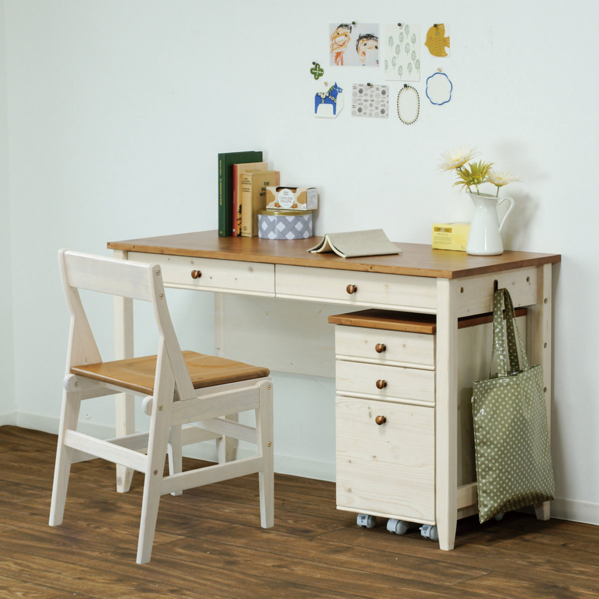 学習机 幅120cm 引出し付 トライP ( デスク 学習デスク 机 勉強机 木製 天然木 引き出し A3 リビング学習 パソコンデスク ワークデスク リビングデスク 書斎 木製デスク シンプルデスク PCデスク カントリー調 )