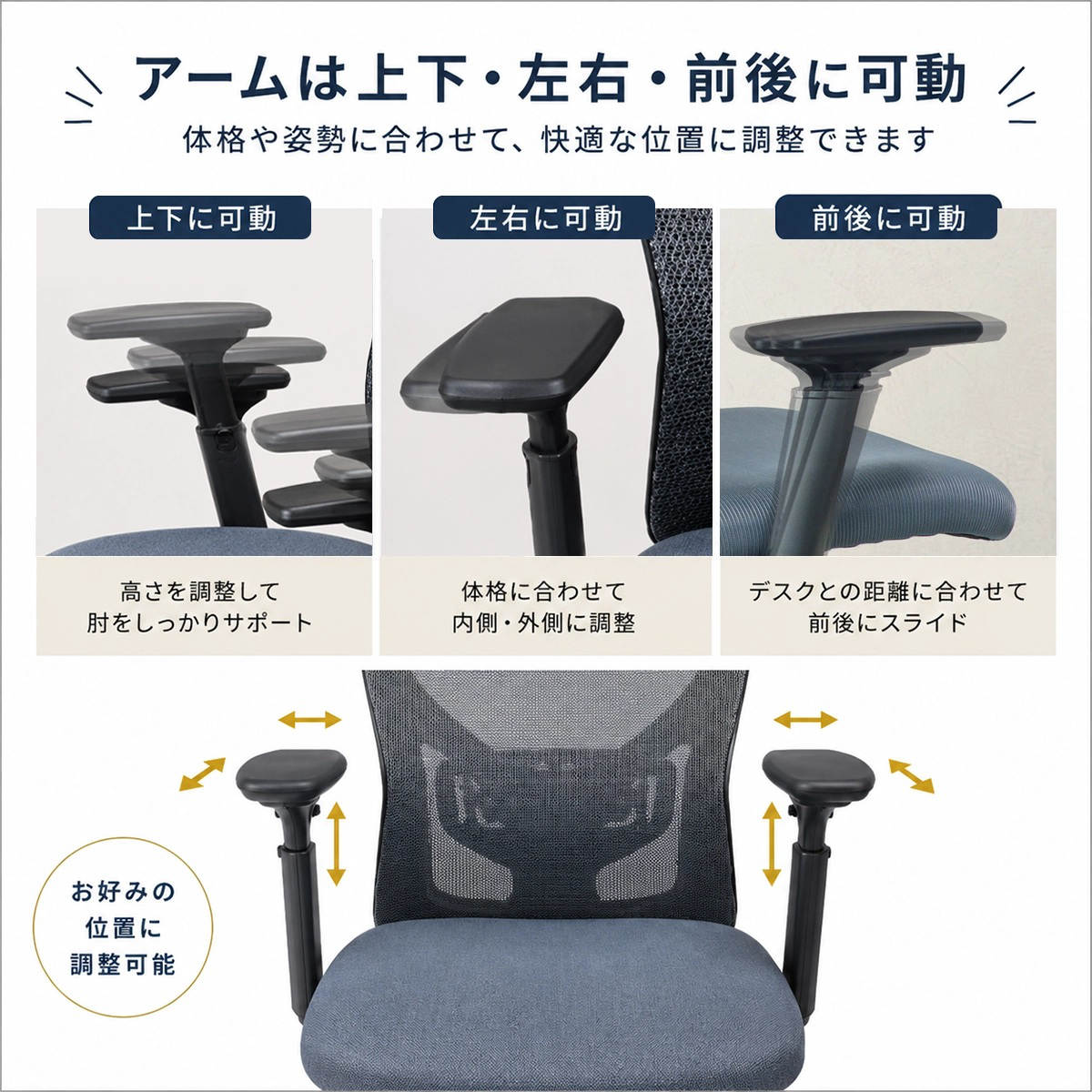 オフィスチェア 座面高48~56cm ヘッドレスト付き メッシュ フォーカス ( 高さ調節 キャスター付 回転 椅子 イス いす チェア ワークチェア デスクチェア 3Dアーム ロッキング機能 ランバーサポート ) 【ブラック】 ブラック