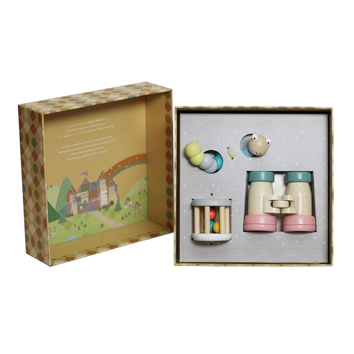 木製 おもちゃ 3点 ギフトセット MEMENTO SMILE 知育玩具 カラカラ Adnil LAND 0ヶ月 10ヶ月 1歳5ヶ月 ( 出産祝い ギフト おしゃれ 木のおもちゃ ベビー プレゼント 赤ちゃん 男の子 女の子 知育 ラトル 音 ガラガラ 双眼鏡 )