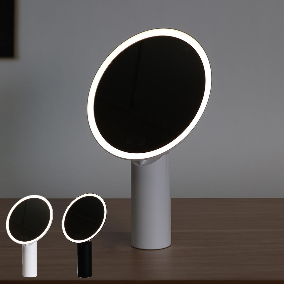 卓上ミラー ライト付き USB充電式 コードレス ムーンライトミラー ( 鏡 卓上 照明付 充電式 三色調光 角度調整 LEDライト ライト付きミラー 円形 丸 カガミ 卓上鏡 ブラック ホワイト ) 【ブラック】