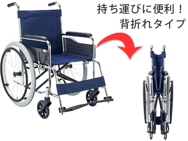 車いす スチール製 自走式 背固定 紺（ナイロンシート） 座面幅42cm