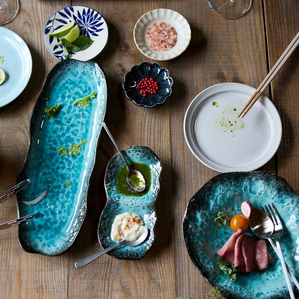 小皿 11cm プレート KANADE 陶器 同色5枚セット ( 電子レンジ対応 皿 お皿 取り皿 和食器 和風 個性的 醤油皿 薬味皿 ソース 醤油 お漬物 副菜 お浸し おしゃれ ) 【青】 青