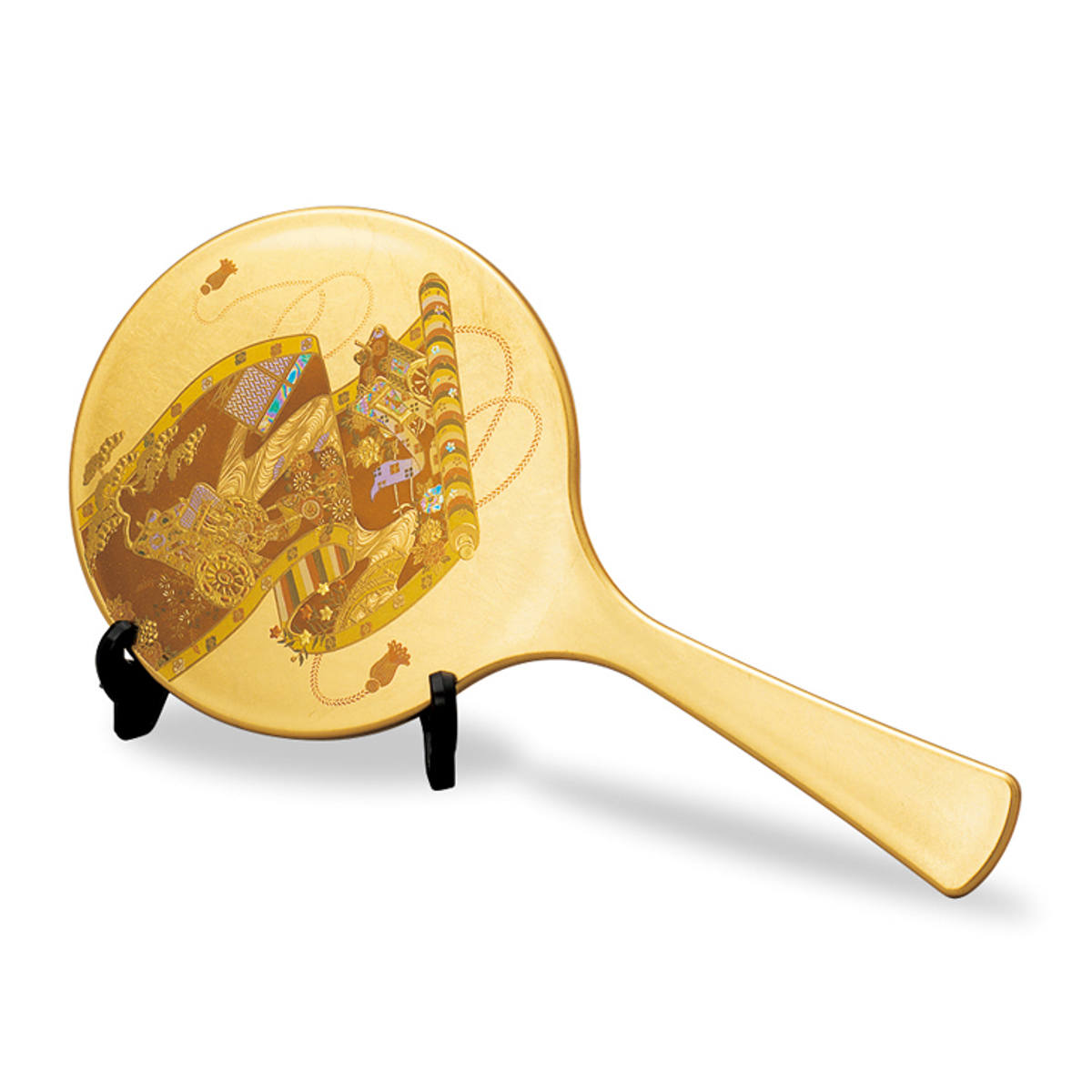 手鏡 雅手鏡 中 スタンド付 箔工 千年絵巻 山中塗 和風 ( 和柄 ミラー かがみ 鏡 ハンドミラー 山中漆器 金箔 蒔絵 漆芸 スタンド コンパクト 小さい かわいい 身だしなみ インテリア小物 メイク直し メイク鏡 インテリア )