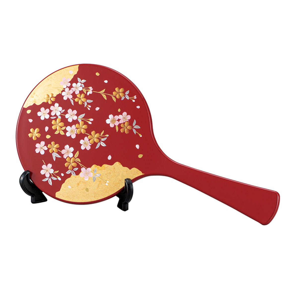 手鏡 雅手鏡 中 スタンド付 箔工芸 祥雲桜 山中塗 和風 ( 和柄 ミラー かがみ 鏡 ハンドミラー 山中漆器 金箔 蒔絵 漆芸 桜 スタンド コンパクト 小さい かわいい 身だしなみ インテリア小物 メイク直し メイク鏡 インテリア )