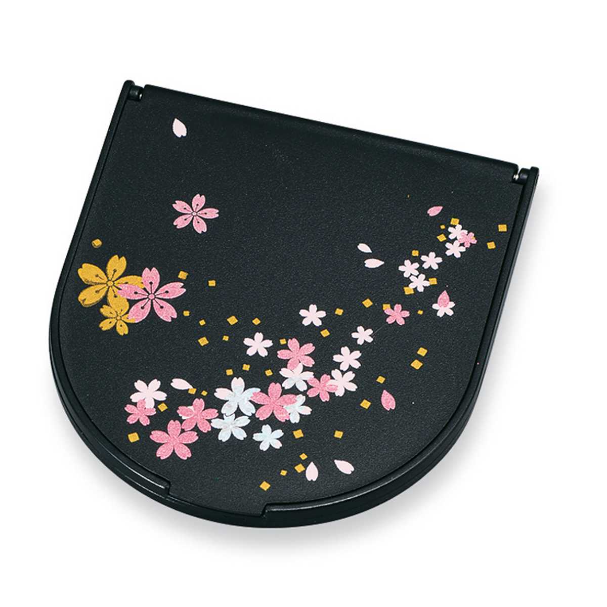 コンパクトミラー 半月コンパクトミラー 黒 桜さくら 山中塗 和風 ( ミラー 手鏡 コンパクト おしゃれ 折りたたみ 携帯用 小さい 小さめ 鏡 ハンドミラー かわいい 拡大鏡 持ち運び ラウンド 四角 角型 大人 レトロ 身だしなみ )