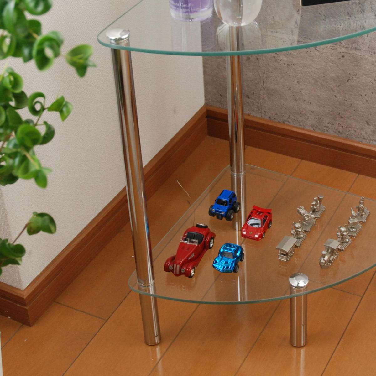 ガラスラック 2段 幅30cm コーナー型 スチール脚 ( テーブル ラック ガラステーブル 飾り棚 サイドテーブル ディスプレイラック ディスプレイ リビング 収納 収納ラック ソファテーブル スチール シンプル おしゃれ )