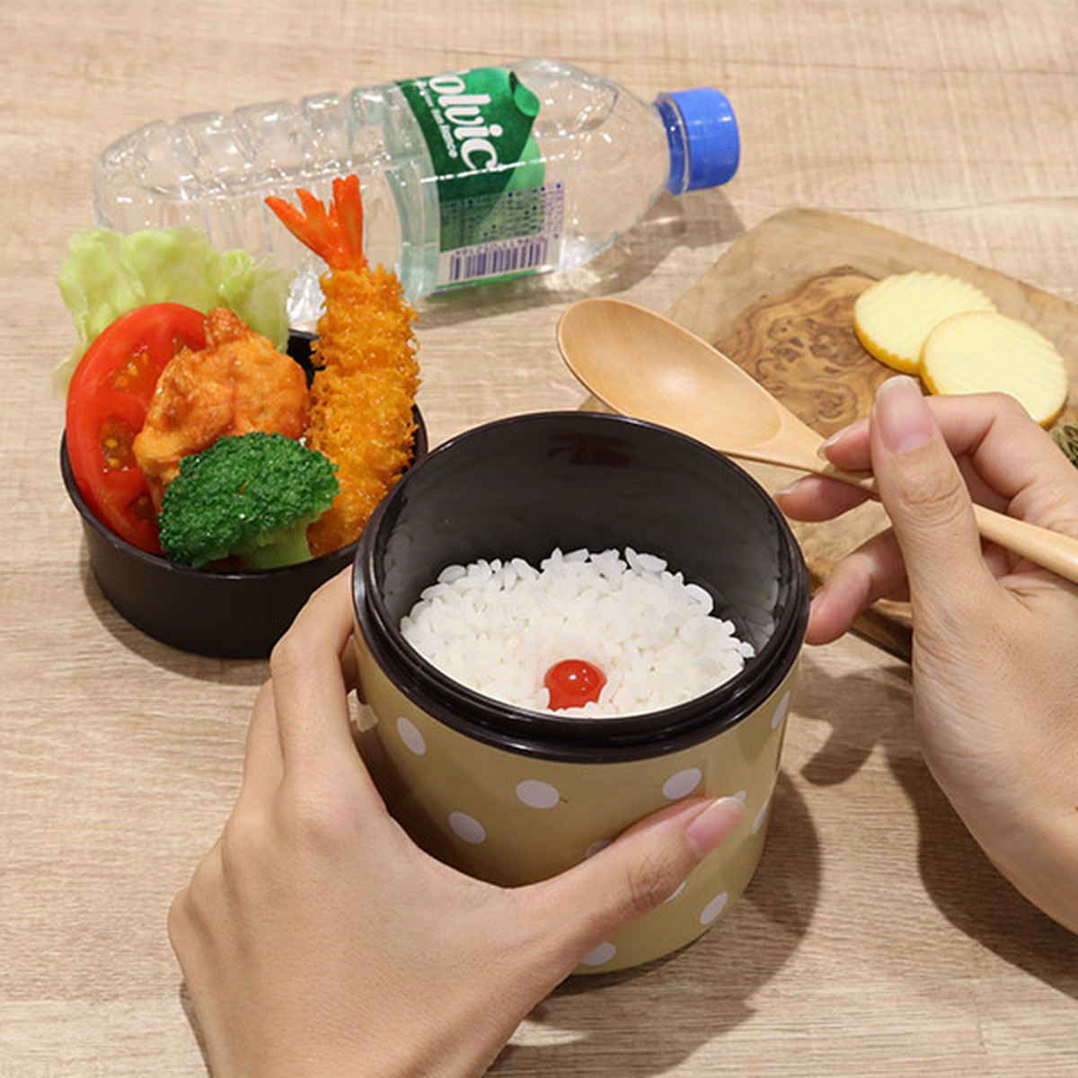 お弁当箱 ダブルウォールランチ ドット 2段 550ml レッド ( 弁当箱 電子レンジ対応 食洗機対応 電子レンジ 食洗機 ランチボックス 二段 どんぶり 水玉 二重構造 弁当 お弁当 丼 ランチ 丼ランチ どんぶりランチ ) 【ブラウン】 ブラウン